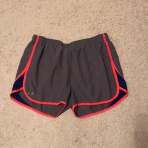 Women’s large underarmour grey with neon and navy panel shorts